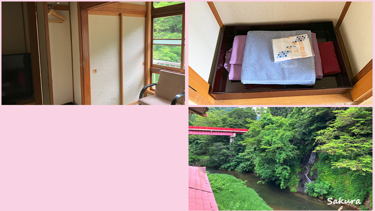 藤三旅館室内アメニティーと部屋から見える景色